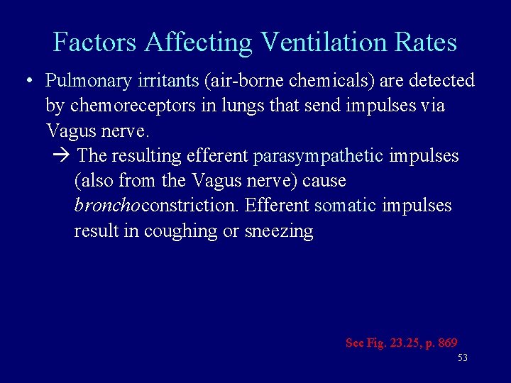 Factors Affecting Ventilation Rates • Pulmonary irritants (air-borne chemicals) are detected by chemoreceptors in