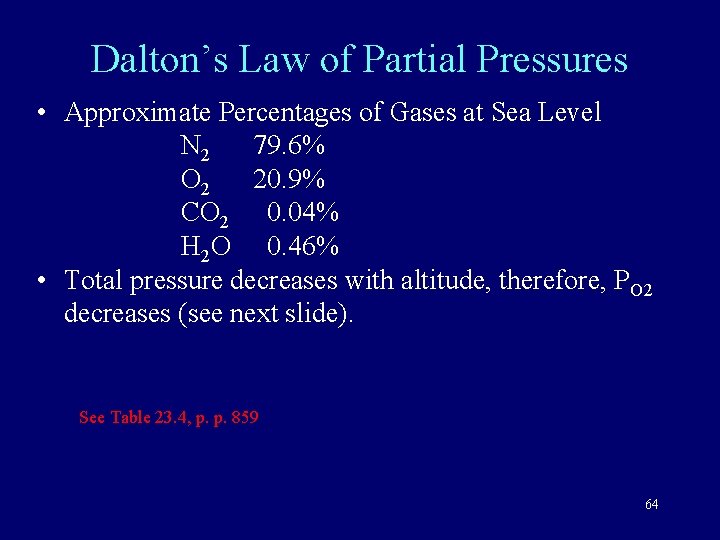 Dalton’s Law of Partial Pressures • Approximate Percentages of Gases at Sea Level N