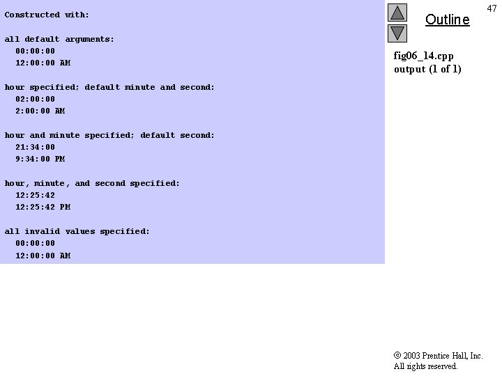 Constructed with: all default arguments: 00: 00 12: 00 AM hour specified; default minute