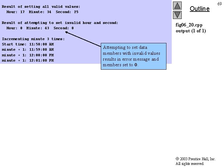 Result of setting all valid values: Hour: 17 Minute: 34 Second: 25 Outline Result