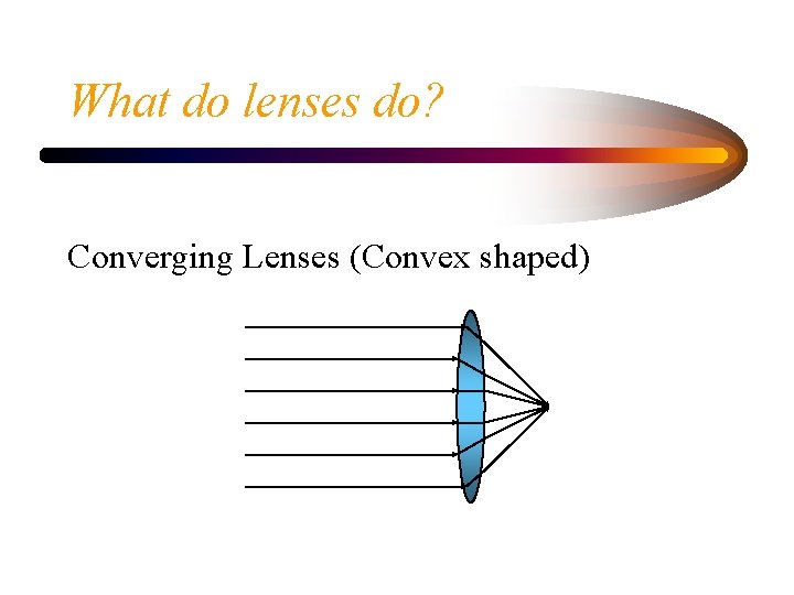 What do lenses do? Converging Lenses (Convex shaped) 