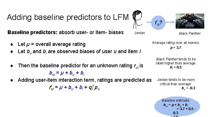 Adding baseline predictors to LFM Baseline predictors: absorb user- or item- biases r ui?