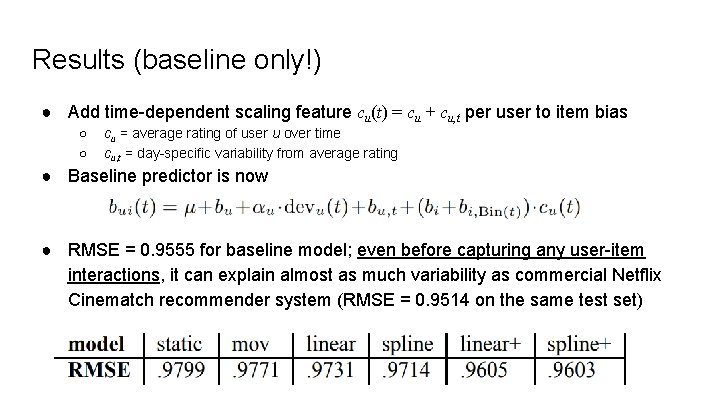 Results (baseline only!) ● Add time-dependent scaling feature cu(t) = cu + cu, t