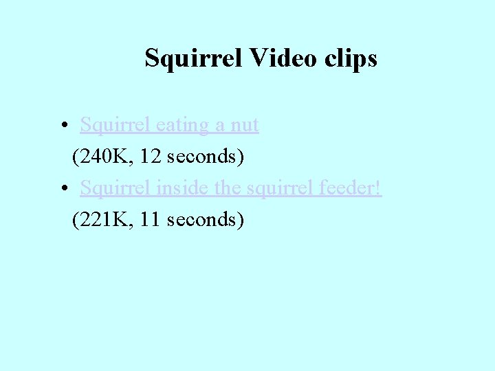 Squirrel Video clips • Squirrel eating a nut (240 K, 12 seconds) • Squirrel