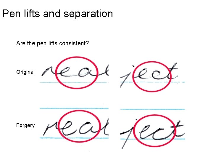 Pen lifts and separation Are the pen lifts consistent? Original Forgery 