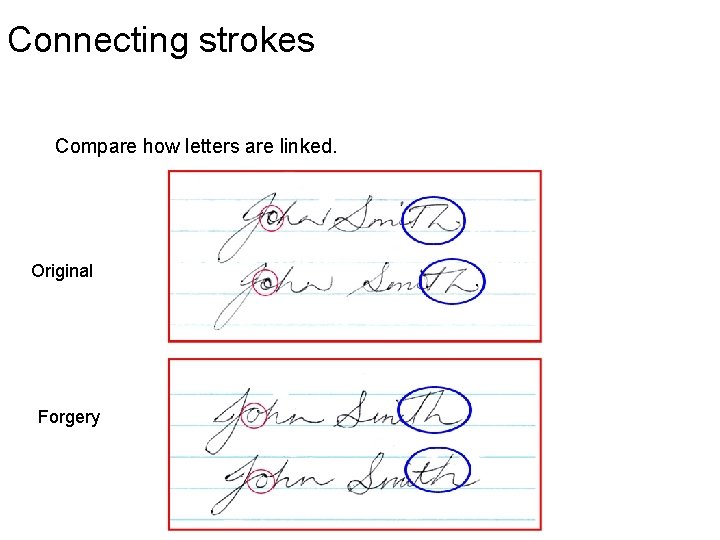 Connecting strokes Compare how letters are linked. Original Forgery 