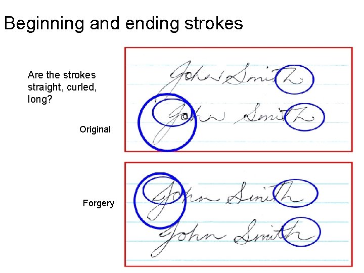 Beginning and ending strokes Are the strokes straight, curled, long? Original Forgery 