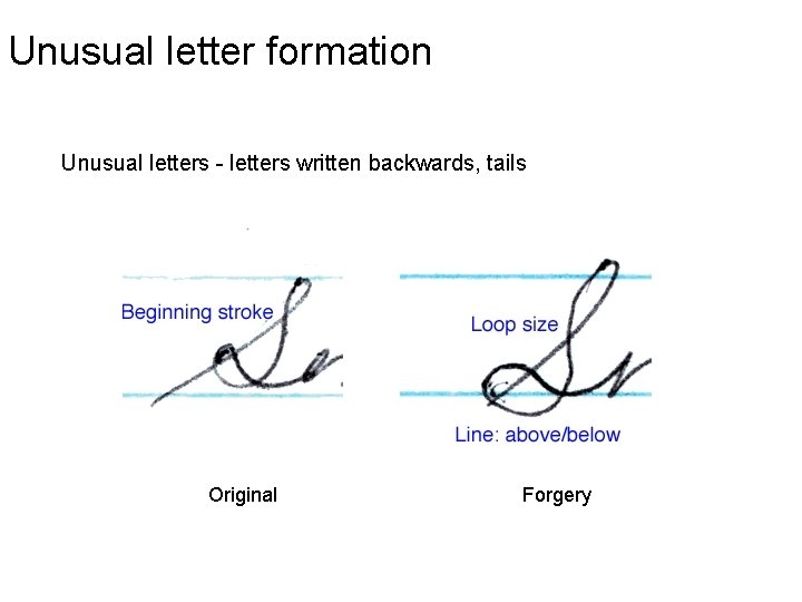 Unusual letter formation Unusual letters - letters written backwards, tails Original Forgery 