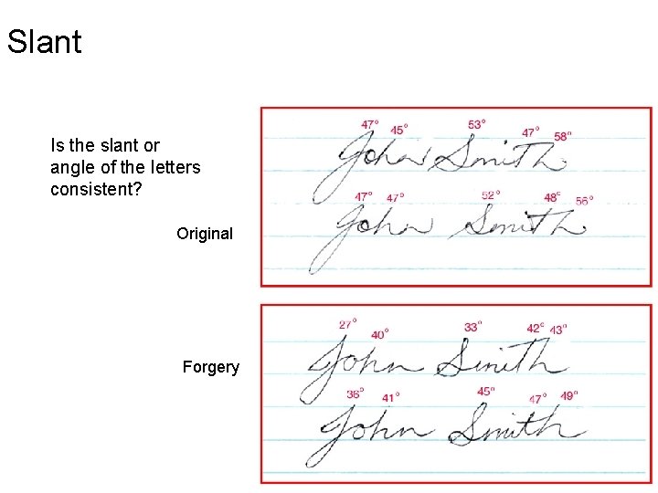 Slant Is the slant or angle of the letters consistent? Original Forgery 