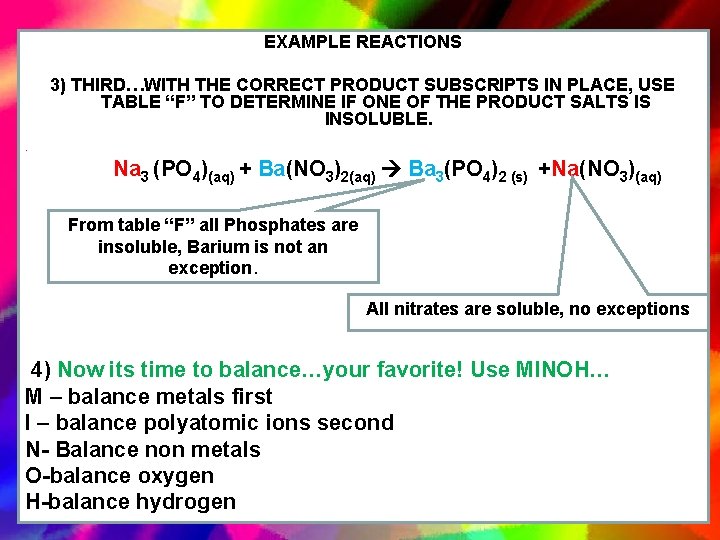 EXAMPLE REACTIONS 3) THIRD…WITH THE CORRECT PRODUCT SUBSCRIPTS IN PLACE, USE TABLE “F” TO