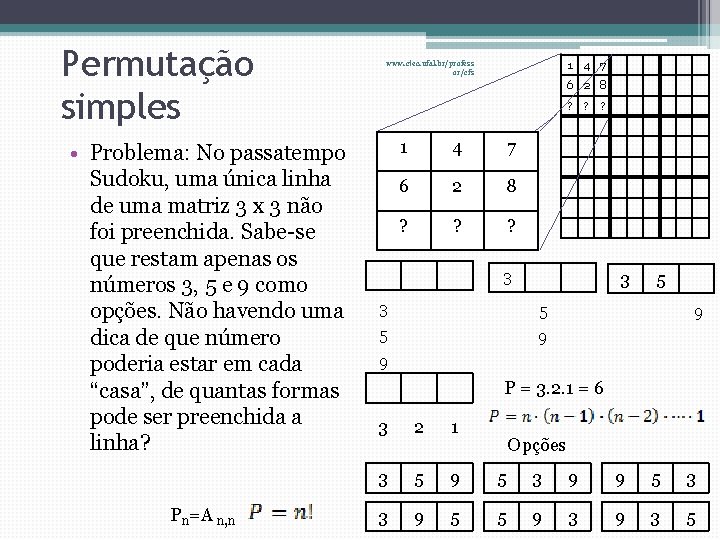 Permutação simples • Problema: No passatempo Sudoku, uma única linha de uma matriz 3