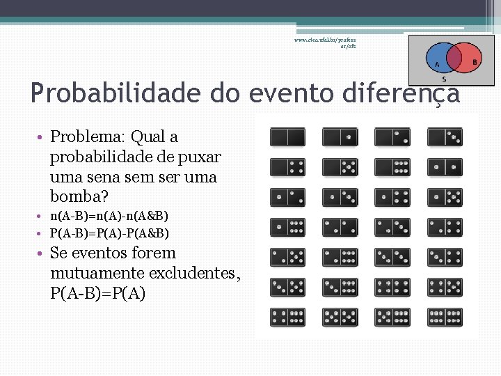 www. ctec. ufal. br/profess or/cfs Probabilidade do evento diferença • Problema: Qual a probabilidade