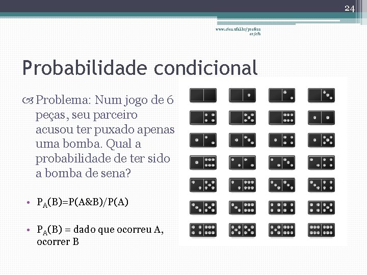24 www. ctec. ufal. br/profess or/cfs Probabilidade condicional Problema: Num jogo de 6 peças,