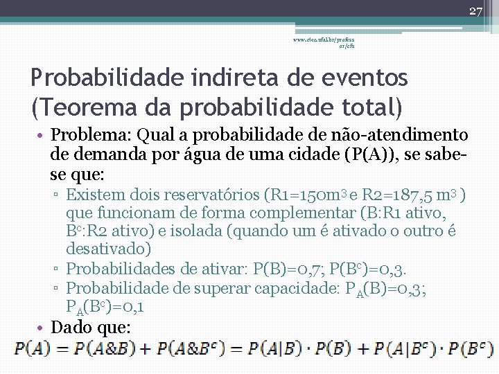 27 www. ctec. ufal. br/profess or/cfs Probabilidade indireta de eventos (Teorema da probabilidade total)