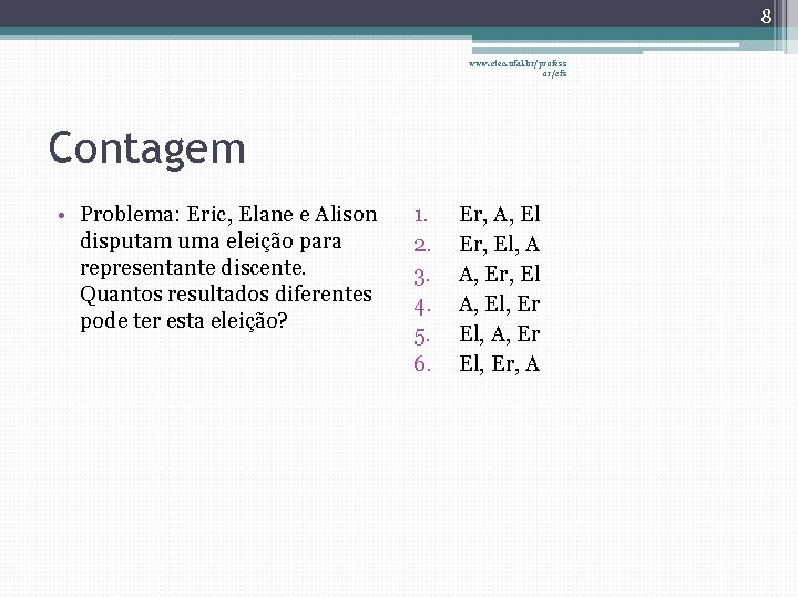 8 www. ctec. ufal. br/profess or/cfs Contagem • Problema: Eric, Elane e Alison disputam