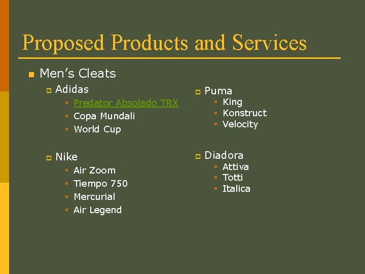 Proposed Products and Services n Men’s Cleats p Adidas p § King § Konstruct
