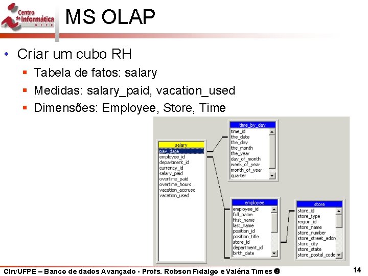 MS OLAP • Criar um cubo RH § Tabela de fatos: salary § Medidas: