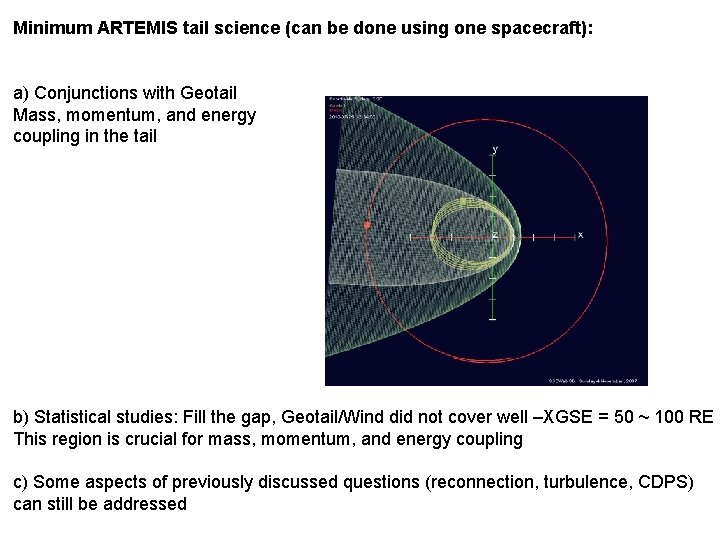 Minimum ARTEMIS tail science (can be done using one spacecraft): a) Conjunctions with Geotail