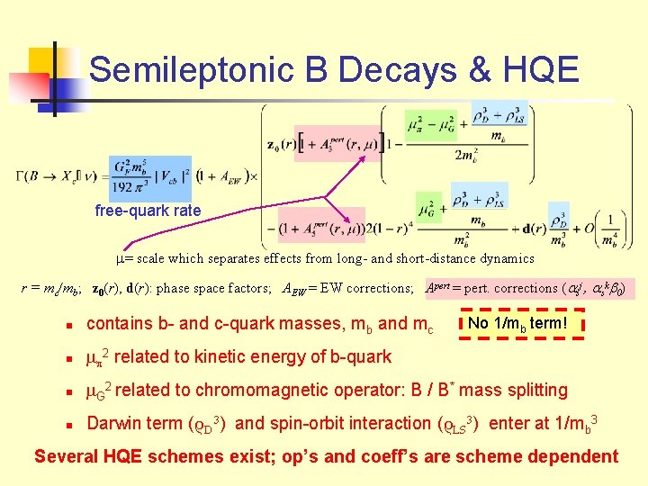 Semileptonic B Decays & HQE free-quark rate m= scale which separates effects from long-