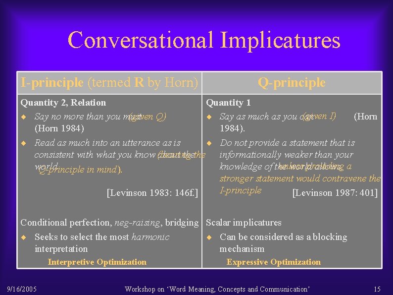 Conversational Implicatures I-principle (termed R by Horn) Q-principle Quantity 2, Relation Quantity 1 (given