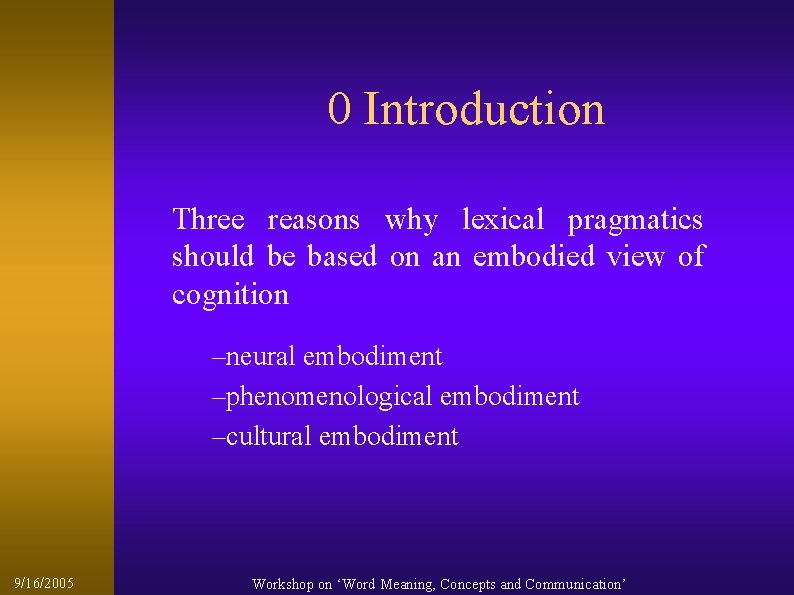 0 Introduction Three reasons why lexical pragmatics should be based on an embodied view