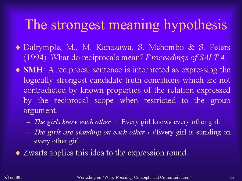 The strongest meaning hypothesis ¨ Dalrymple, M. Kanazawa, S. Mchombo & S. Peters (1994).