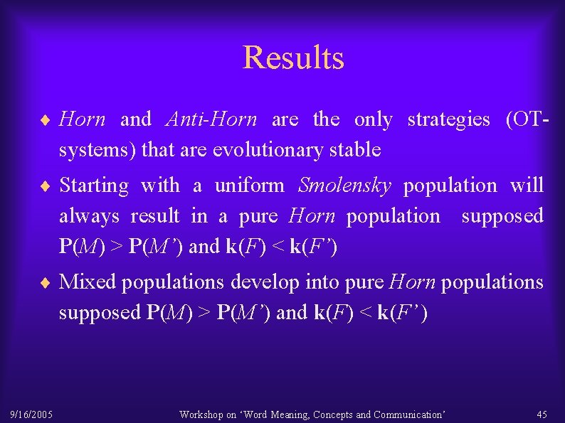 Results ¨ Horn and Anti-Horn are the only strategies (OT- systems) that are evolutionary