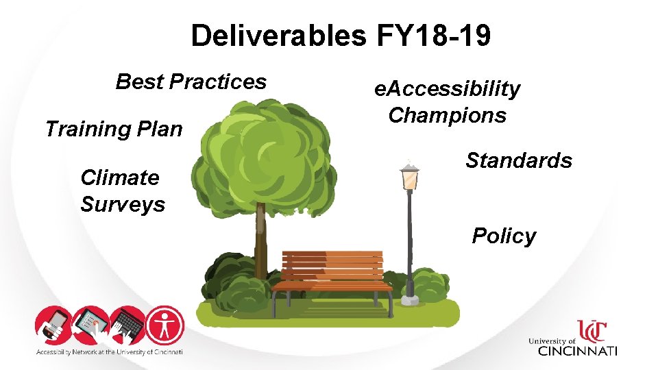 Deliverables FY 18 -19 Best Practices Training Plan Climate Surveys e. Accessibility Champions Standards