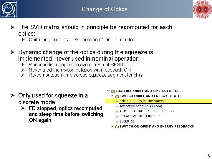 Change of Optics The SVD matrix should in principle be recomputed for each optics: