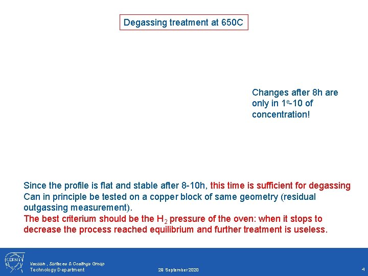 Degassing treatment at 650 C Changes after 8 h are only in 1 e-10