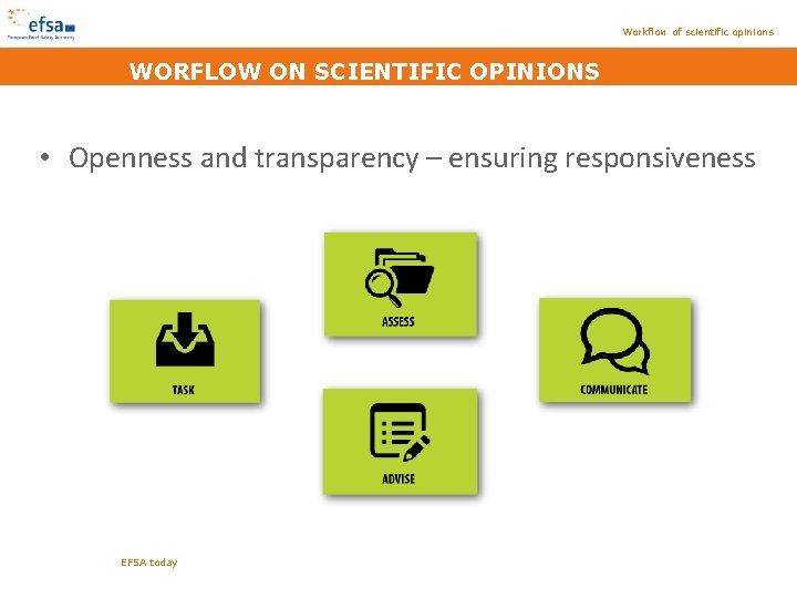 Workflow of scientific opinions WORFLOW ON SCIENTIFIC OPINIONS • Openness and transparency – ensuring