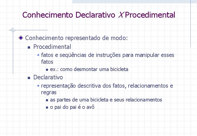 Conhecimento Declarativo X Procedimental Conhecimento representado de modo: n Procedimental w fatos e seqüências