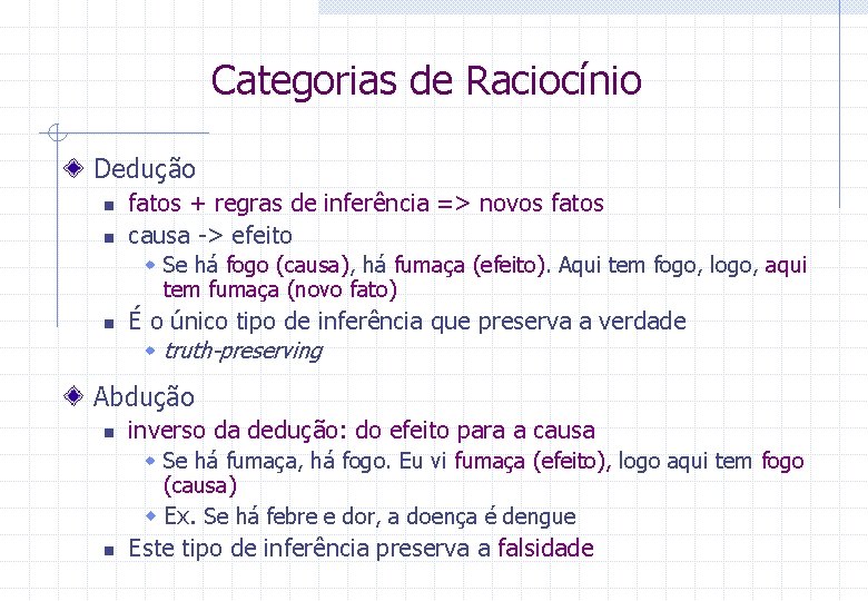 Categorias de Raciocínio Dedução n n fatos + regras de inferência => novos fatos