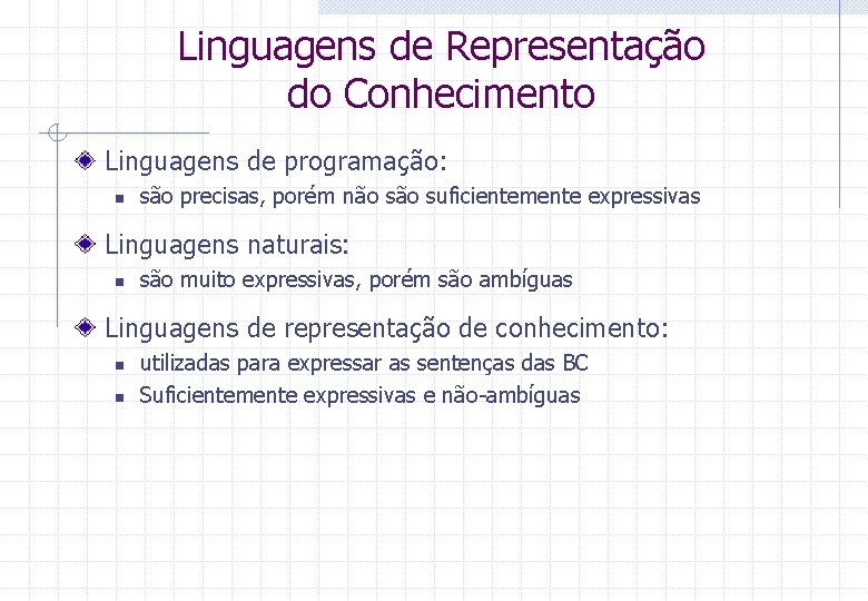 Linguagens de Representação do Conhecimento Linguagens de programação: n são precisas, porém não suficientemente