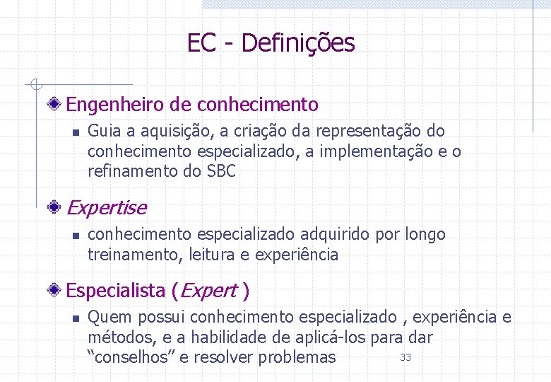 EC - Definições Engenheiro de conhecimento n Guia a aquisição, a criação da representação