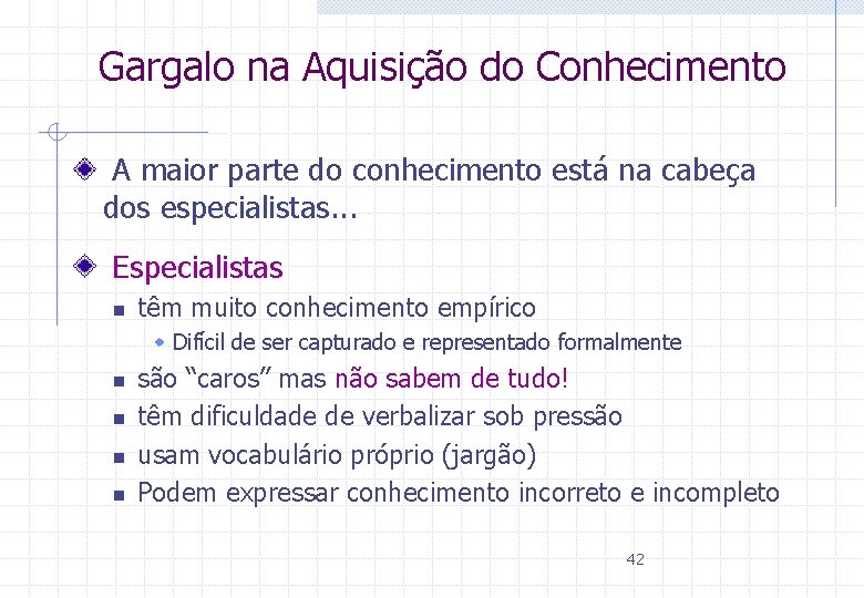 Gargalo na Aquisição do Conhecimento A maior parte do conhecimento está na cabeça dos
