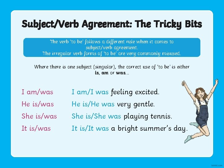 Subject/Verb Agreement: The Tricky Bits The verb ‘to be’ follows a different rule when