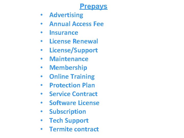 • • • • Prepays Advertising Annual Access Fee Insurance License Renewal License/Support