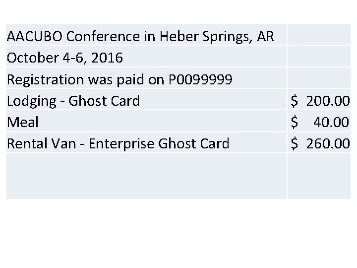 AACUBO Conference in Heber Springs, AR October 4 -6, 2016 Registration was paid on