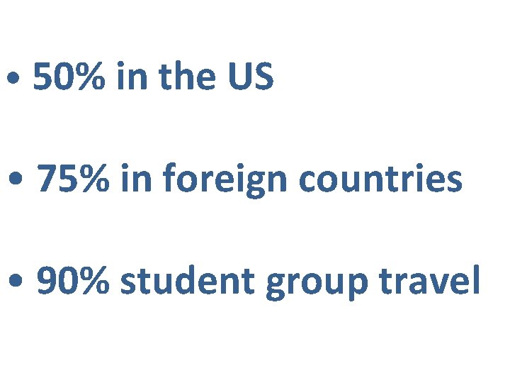  • 50% in the US • 75% in foreign countries • 90% student