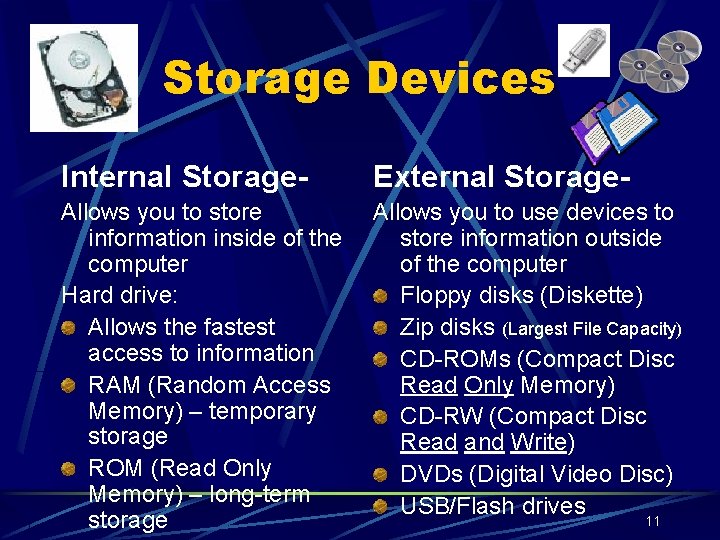 Storage Devices Internal Storage- External Storage- Allows you to store information inside of the