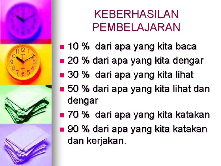 KEBERHASILAN PEMBELAJARAN 10 % dari apa yang kita baca n 20 % dari apa