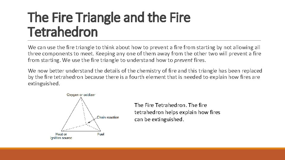 The Fire Triangle and the Fire Tetrahedron We can use the fire triangle to