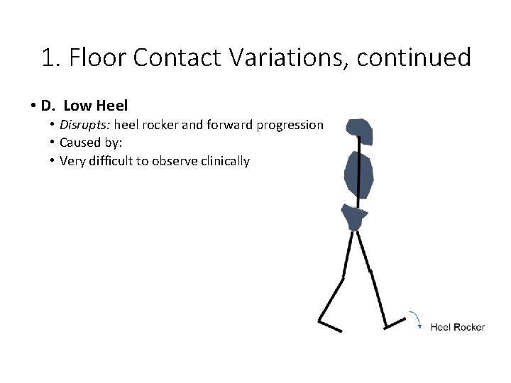 1. Floor Contact Variations, continued • D. Low Heel • Disrupts: heel rocker and
