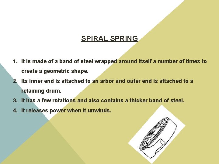 SPIRAL SPRING 1. It is made of a band of steel wrapped around itself