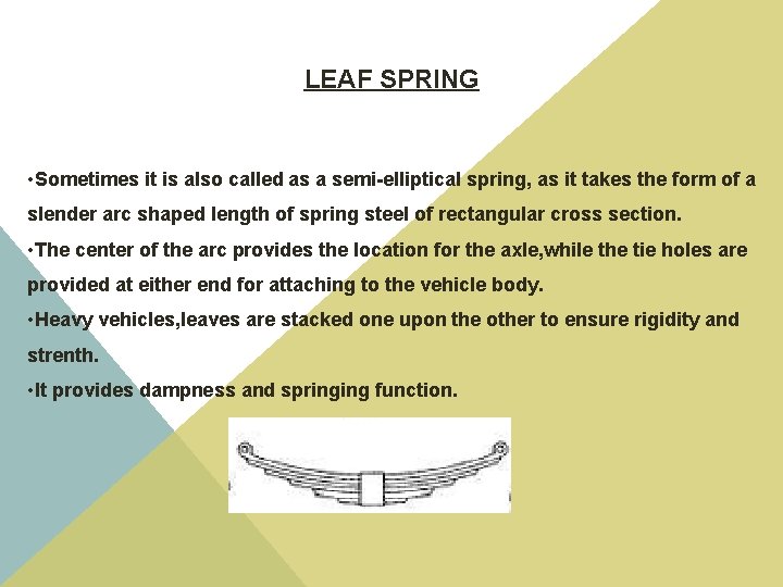 LEAF SPRING • Sometimes it is also called as a semi-elliptical spring, as it