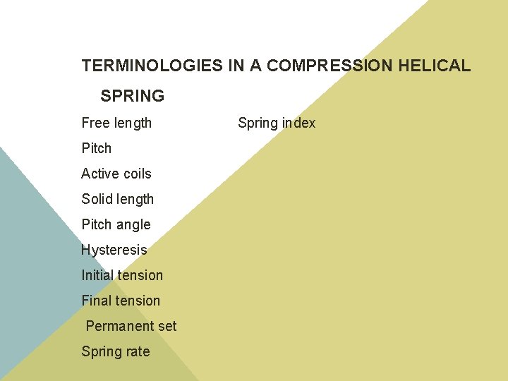 TERMINOLOGIES IN A COMPRESSION HELICAL SPRING Free length Pitch Active coils Solid length Pitch
