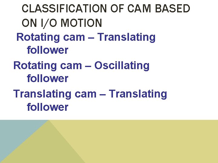 CLASSIFICATION OF CAM BASED ON I/O MOTION Rotating cam – Translating follower Rotating cam