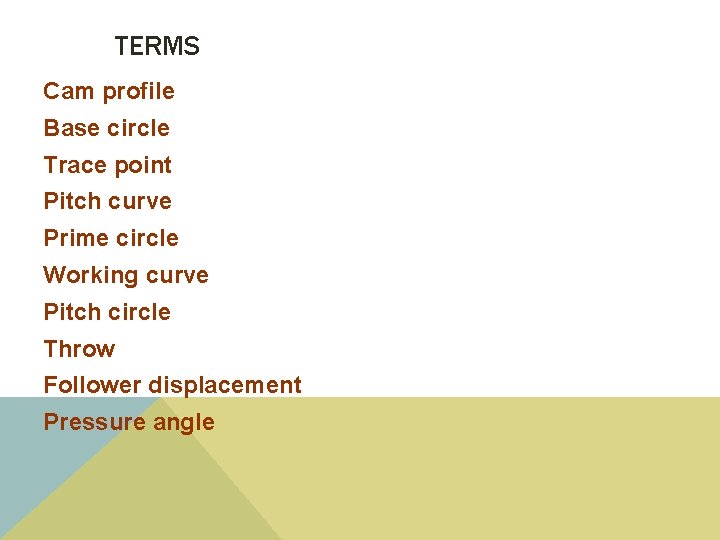 TERMS Cam profile Base circle Trace point Pitch curve Prime circle Working curve Pitch
