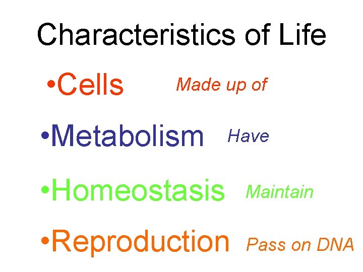 Characteristics of Life • Cells Made up of • Metabolism Have • Homeostasis Maintain